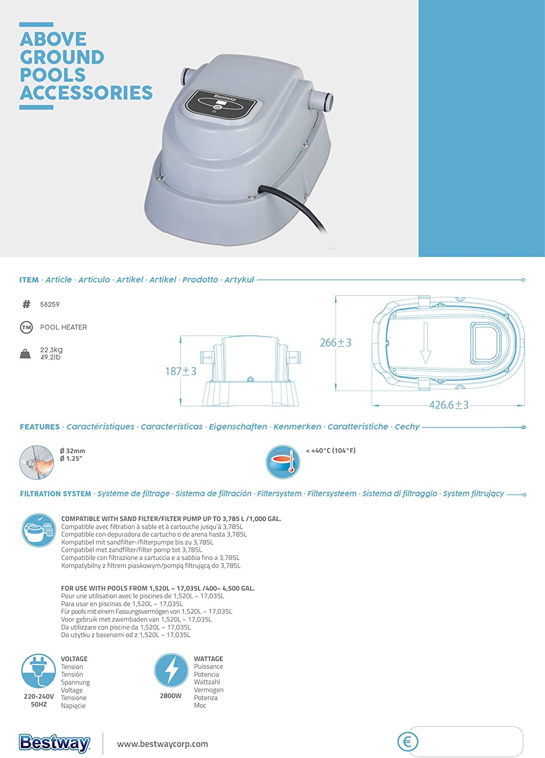Bestway Electric Swimming Pool Heater 2.8KW
