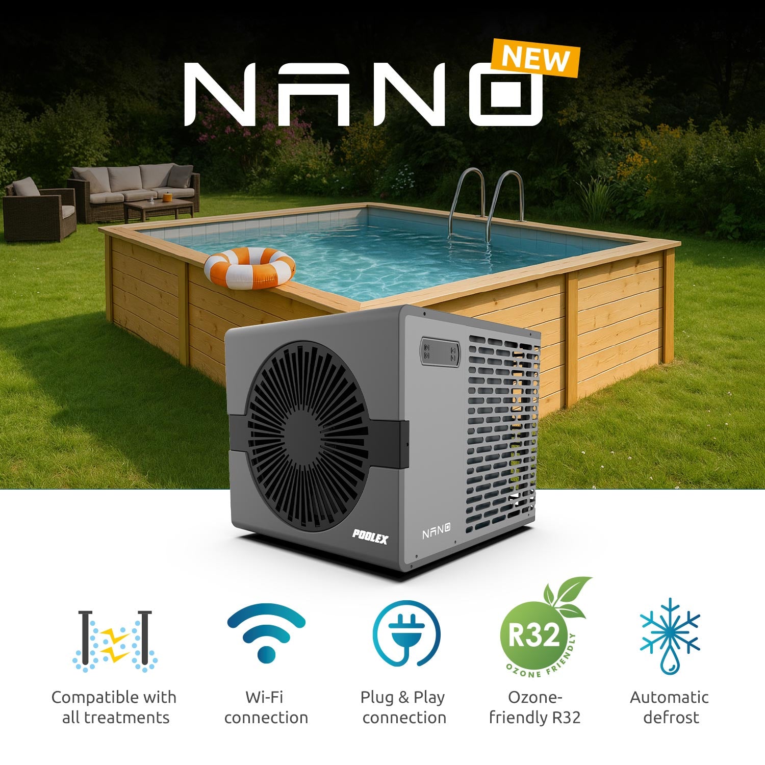 Poolex Nano heat pump in garden setting with feature icons - WiFi, R32, automatic defrost