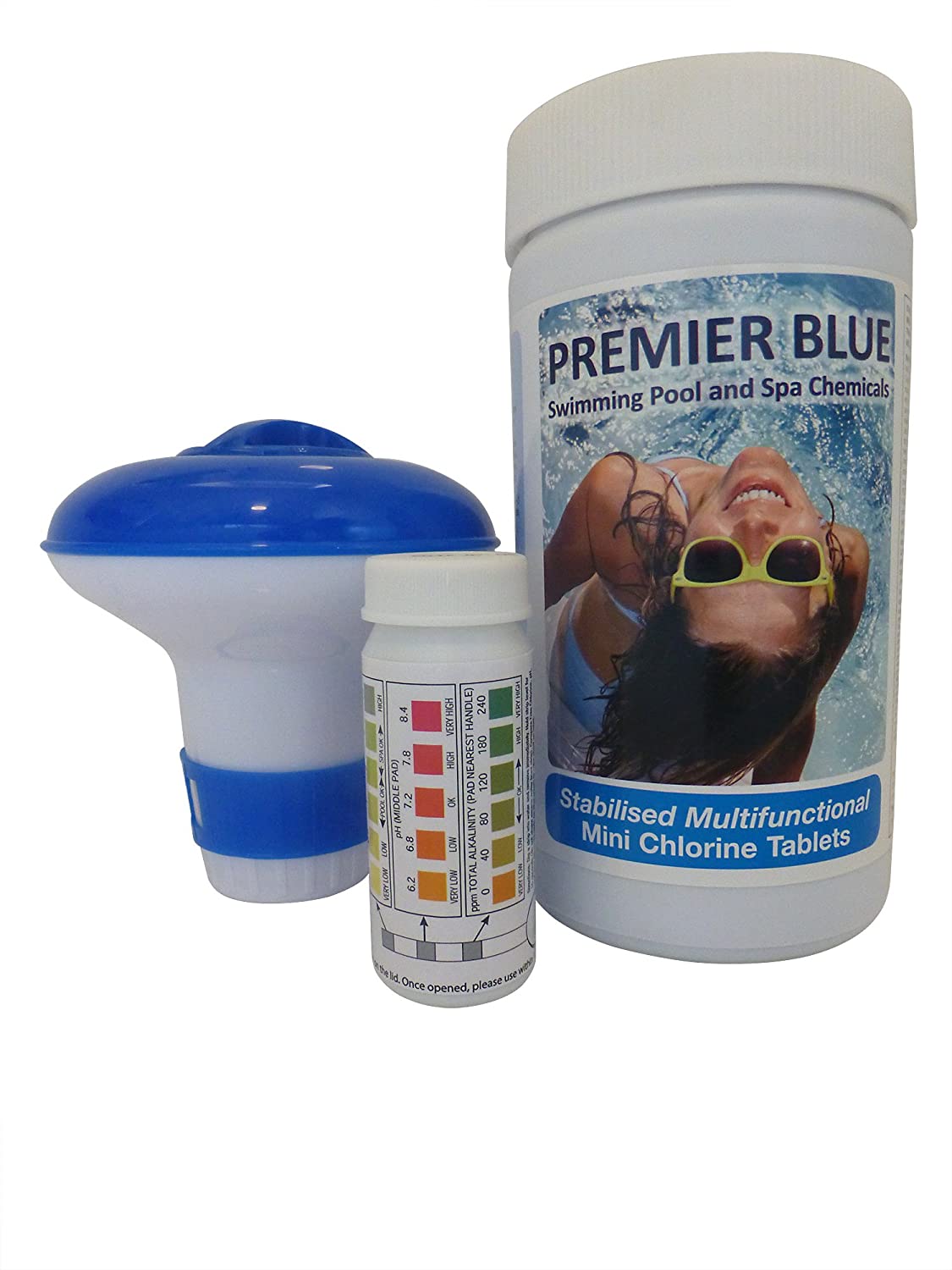 Premier Blue 1KG Multifunction Chlorine Tablets Kit (50 x 20g) with Dispenser & Test Strips - Pool, Hot Tub & Spa