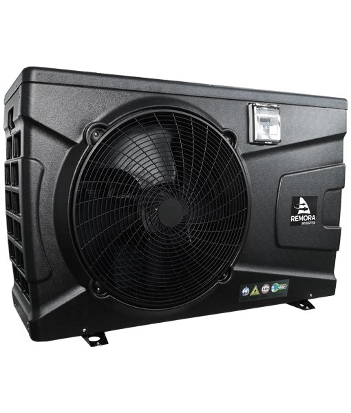 Remora Inverter pool and koi pond heat pump, black ABS cabinet, front three quarter view